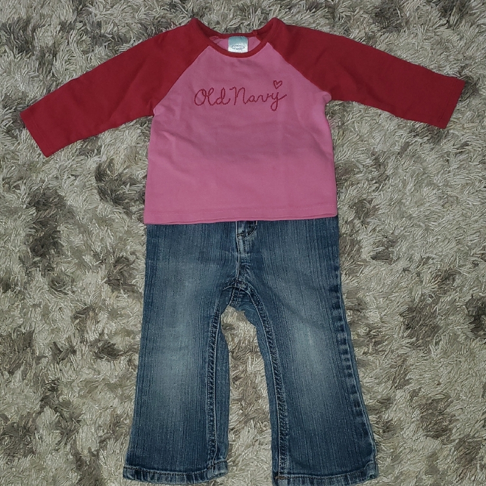 Old Navy Toddler Girl Long Sleeve Shirt And Jeans Outfit Size 18-24 Months